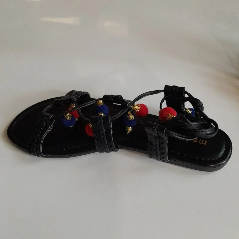 Madden Girl Women's Baliee Flat Sandal, Black Paris, 7.5 US ok